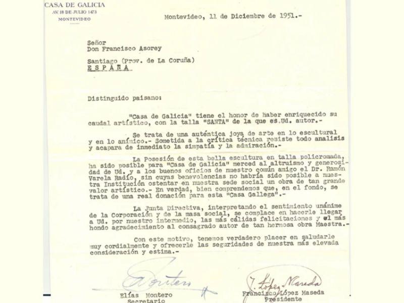 Carta francisco asorey casa de galicia de montevideo uruguay donación escultura Santa