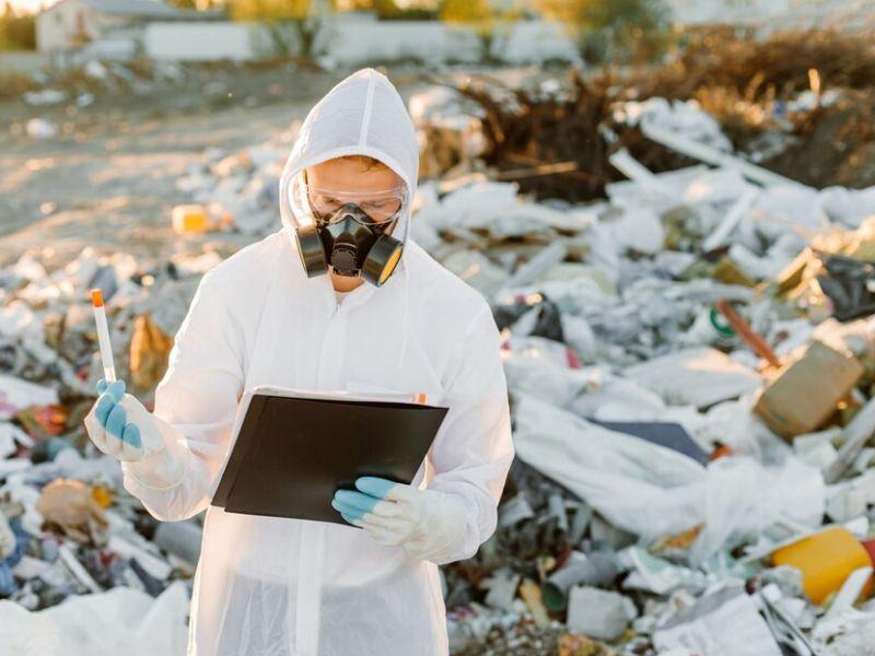 Hombre overoles pildora basura investigando concepto ecologia contaminacion ambiental 1157 48525