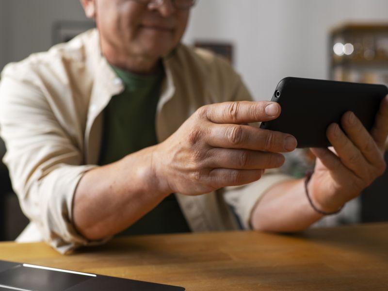 Retrato de un hombre mayor que usa un telefono inteligente en casa