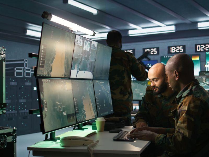 Profesionales militares que trabajan en equipo utilizando equipos de radar