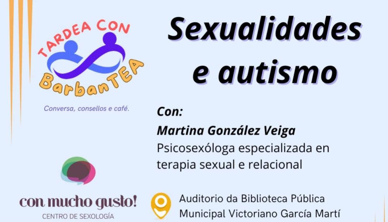 Cartel divulgativo sobre la conferencia que impartirá Martina González Veiga sobre sexualidad y autismo el día 22 de noviembre en A Pobra