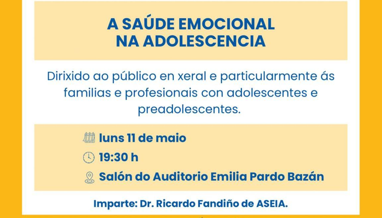 Cartel de la charla sobre salud emocional en la adolescencia en Sanxenxo