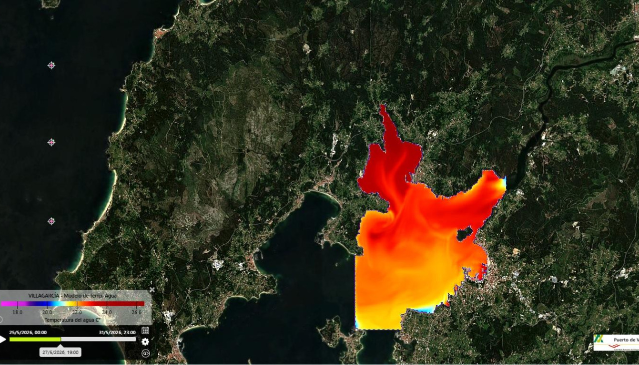 Mapa con la temperatura del agua el día 27