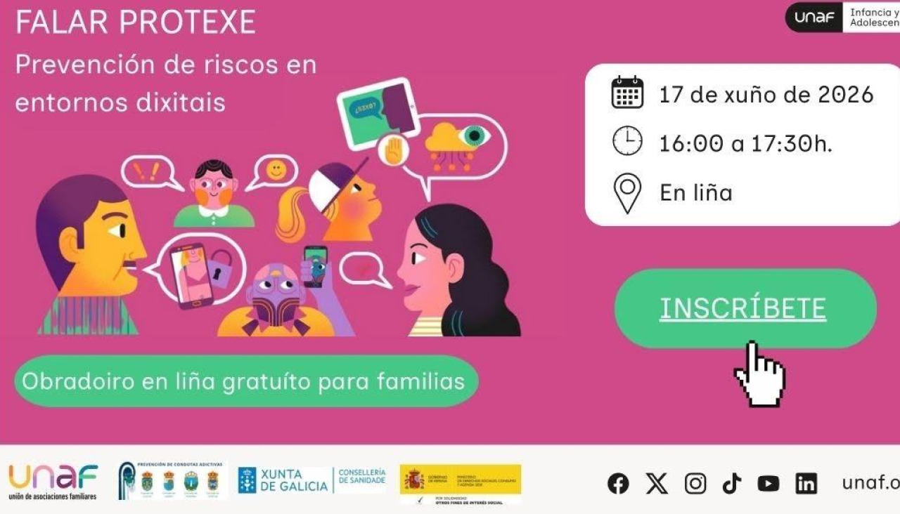 Cartel del obradoiro 'Falar Protexe. Prevención de Riscos en Entornos Dixitais’
