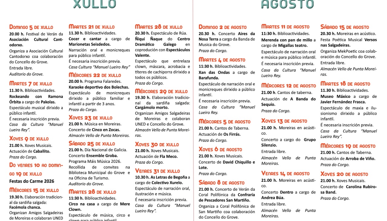 Programación completa de actividades en O Grove