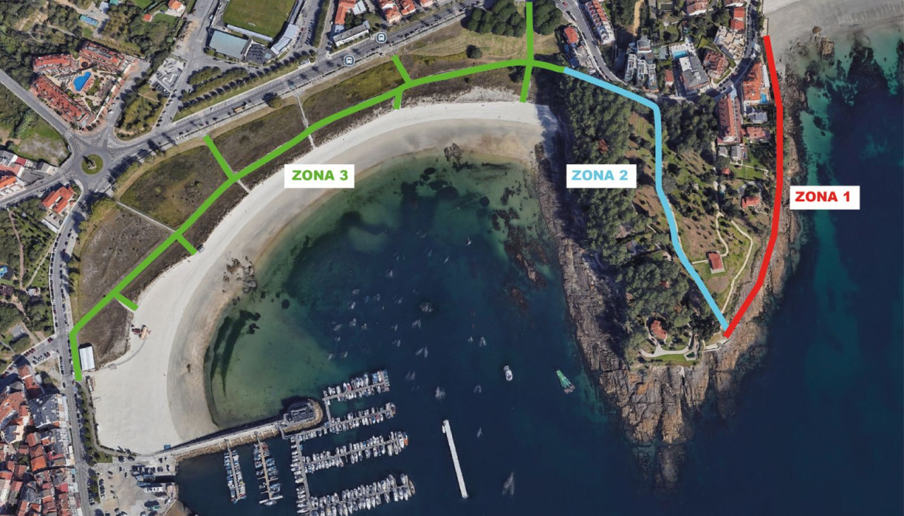 Imagen de la zona litoral objeto de actuación con los tres tramos marcados por colores