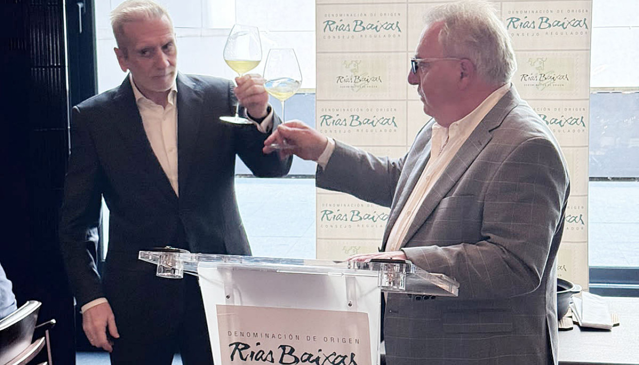 Huidobro y Serantes brindan durante la presentación de los datos, en Madrid