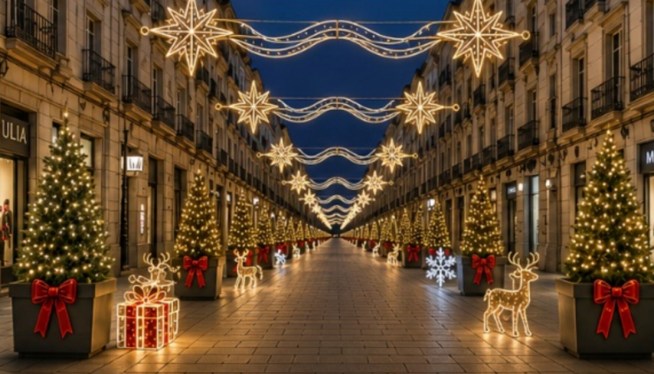 Imagen del montaje de la decoración que deberá llevar la Avenida de Rosalía de Castro en las próximas Navidades